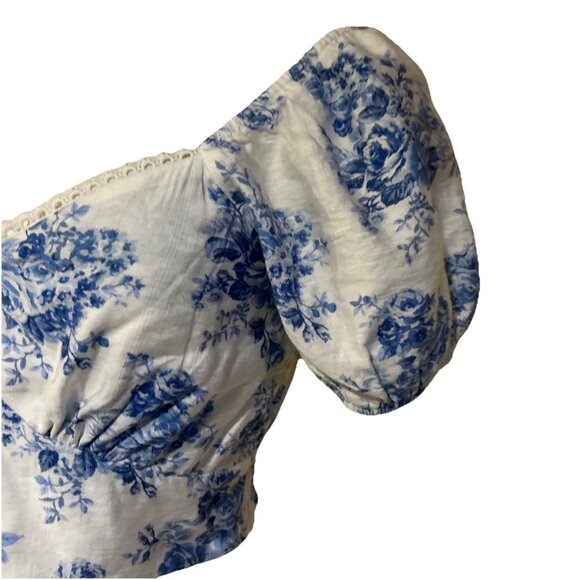 Babydoll Shirt Boho Milkmaid Coquette Floral Puff Sleeves Lace Cropped Smocked S - Picture 4 of 11